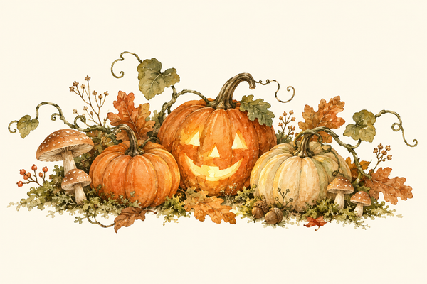 Watercolor pumpkins, a smiling jack-o-lantern, mushrooms and autumn leaves.