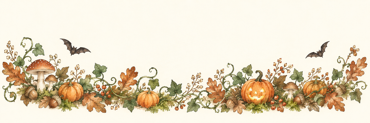 A watercolor Halloween garland with pumpkins, woodland mushrooms, autumn leaves and two small bats.