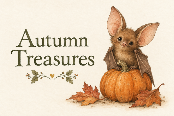 Autumn Treasures: a little brown bat perches on a pumpkin among fallen leaves.