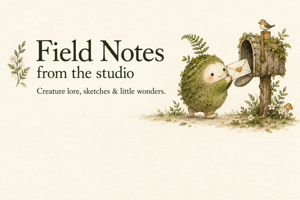 Field Notes from the studio. Creature lore, sketches and little wonders. A Mossling delivers a letter to a woodland mailbox.
