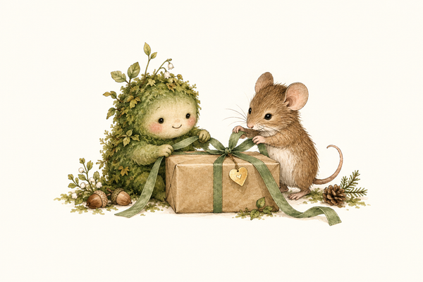 A Mossling and a mouse tie a green ribbon around a parcel with a golden heart tag.