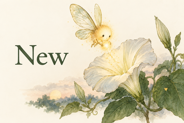 New: a golden winged creature hovers above a white flower.