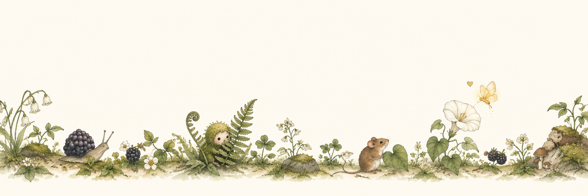 A woodland border with a snail, Mossling, mouse, flowers, and a tiny golden winged creature.