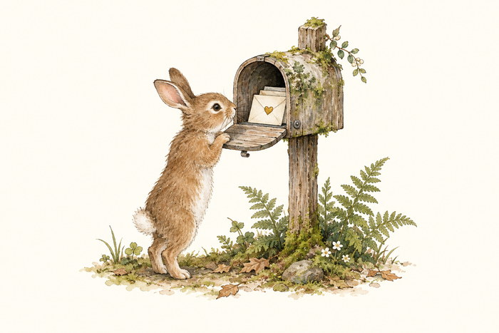 A brown rabbit reaches up to a woodland mailbox containing heart-sealed letters.