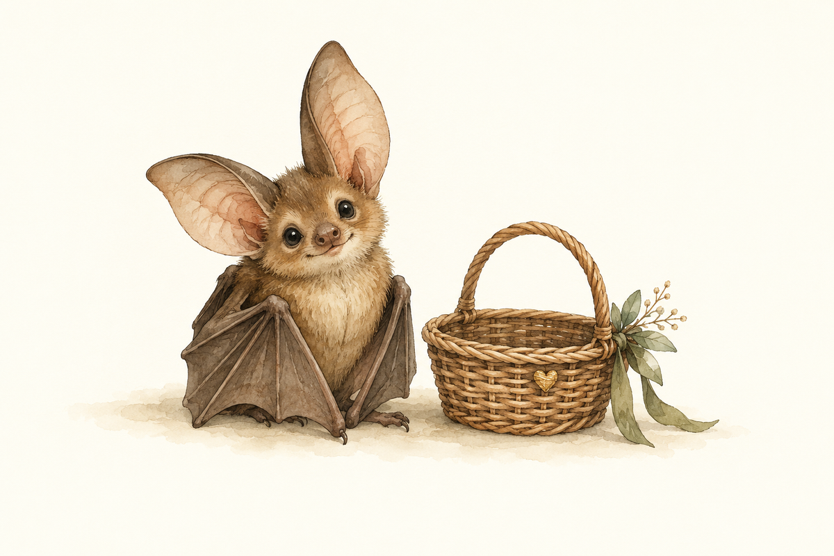 A little brown bat sits beside an empty woven basket with a green ribbon and heart charm.