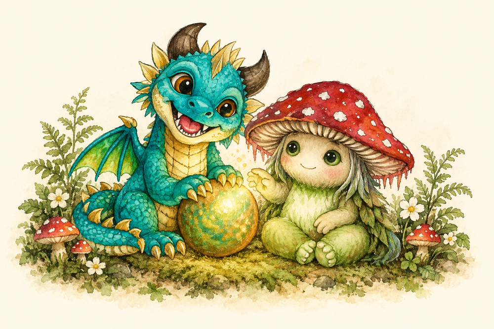 Brightwing, a teal dragon with golden frills, and Pippin, a red-capped mushroom creature, sit beside a glowing orb among woodland flowers.