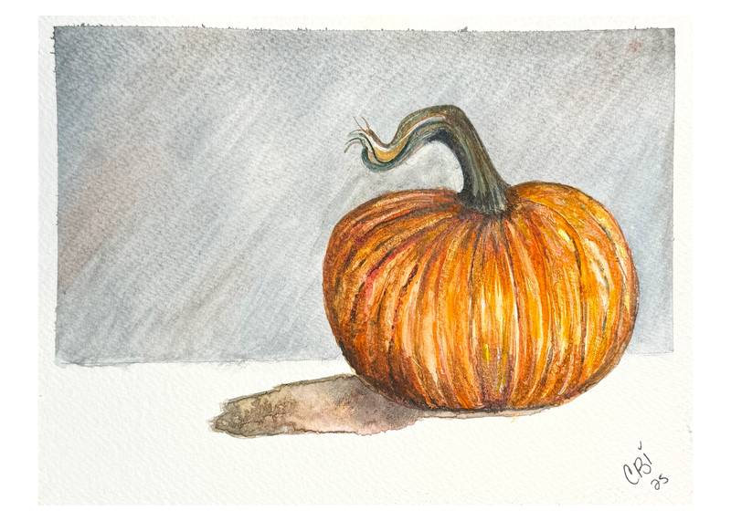 Orange pumpkin watercolor seasonal fall greeting card with curled green stem, blue-gray wash, white border, and CBi signature.