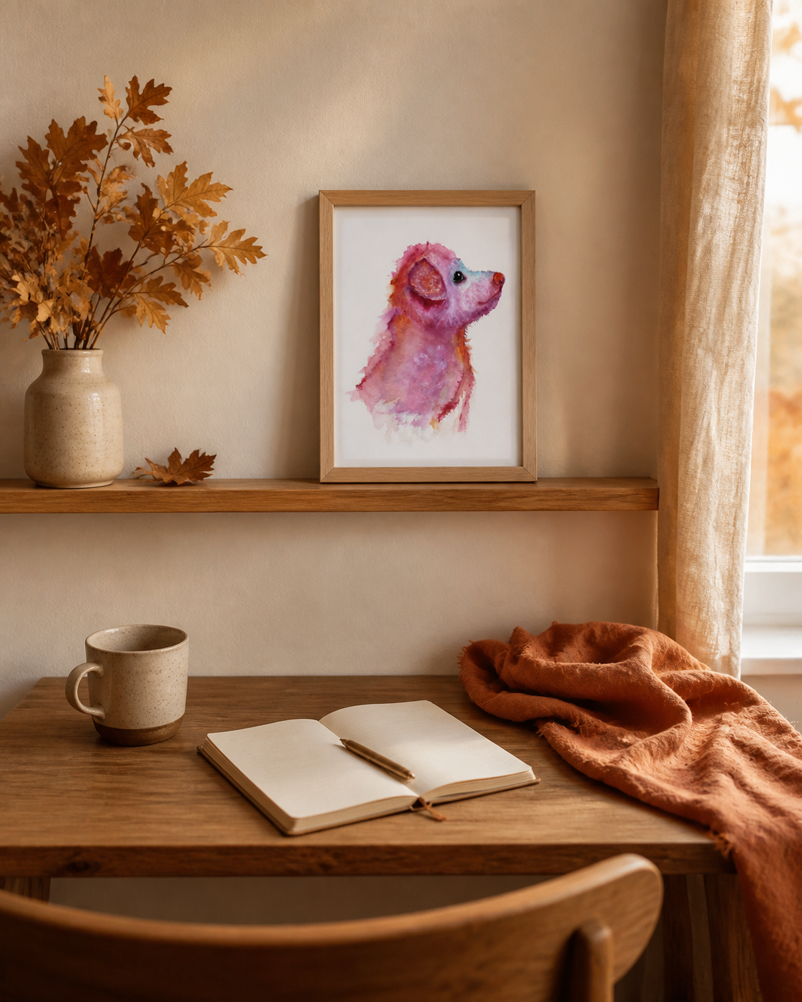 Pupkin art print displayed on a warm autumn wall shelf beside oak leaves, a mug, and an open journal.
