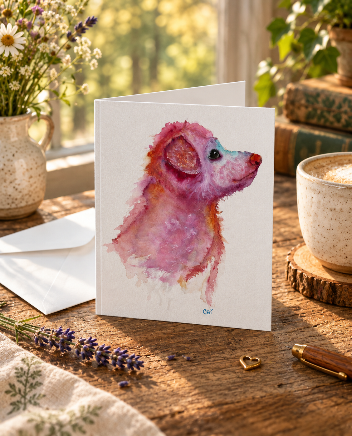 Pupkin greeting card and envelope on a woodland writing desk