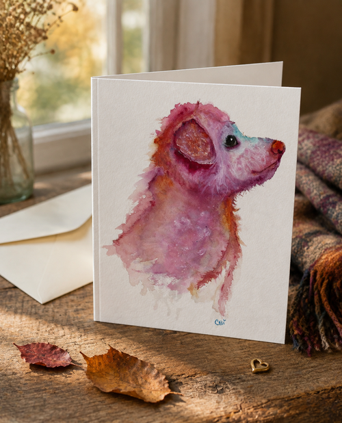 Side-folded Pupkin greeting card and envelope on a warm autumn writing desk, featuring a pink and lavender watercolor guardian spirit.