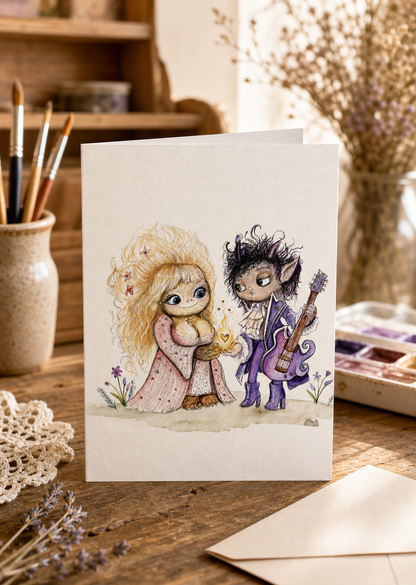 Sallie Mae and the Mischievous Imp greeting card in a warm artist studio