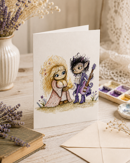Sallie Mae and the Mischievous Imp greeting card in a lavender stationery nook
