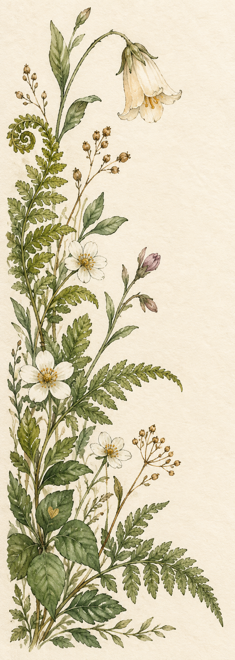 Bundle-exclusive botanical bookmark with curling green ferns, white wildflowers, and a tiny gold heart on an ivory background.