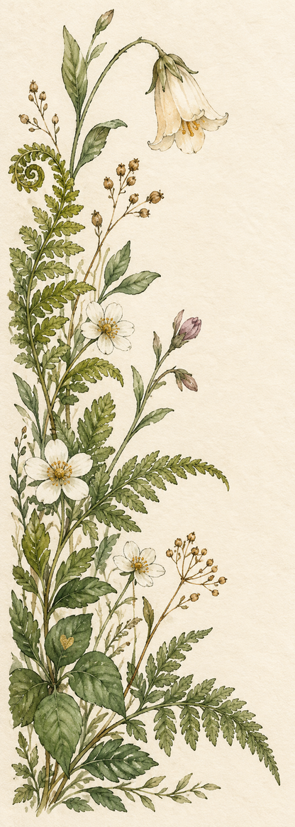 Bundle-exclusive botanical bookmark with curling green ferns, white wildflowers, and a tiny gold heart on an ivory background.