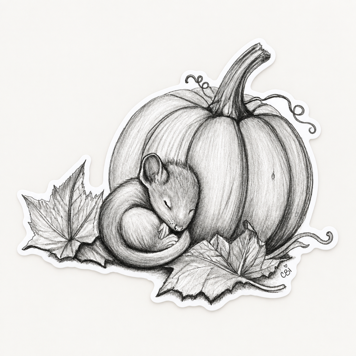 Sleeping mouse and pumpkin graphite sticker with maple leaves, a white die-cut border, and CBi signature.