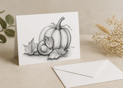 Top-fold Sleeping Mouse and Pumpkin greeting card mockup beside a white envelope