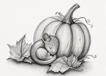 Sleeping mouse curled beside a pumpkin and autumn leaves in an original graphite sketch