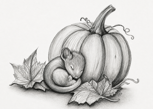 Sleeping mouse curled beside a pumpkin and autumn leaves in an original graphite sketch
