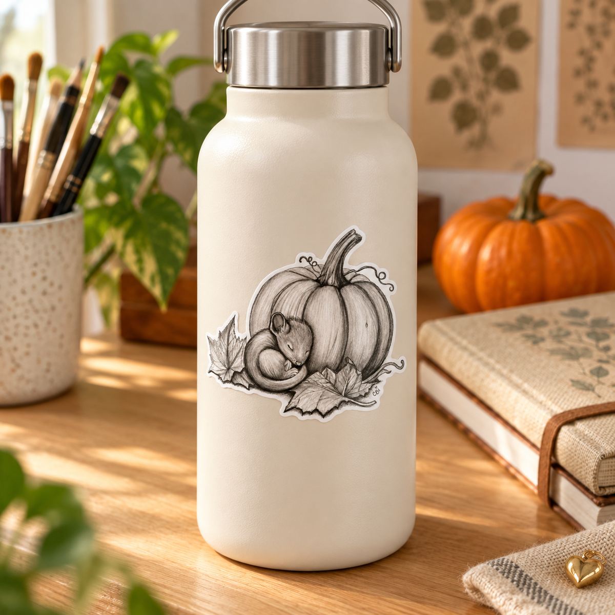 Sleeping Mouse and Pumpkin sticker on a cream water bottle at a warm autumn studio desk.