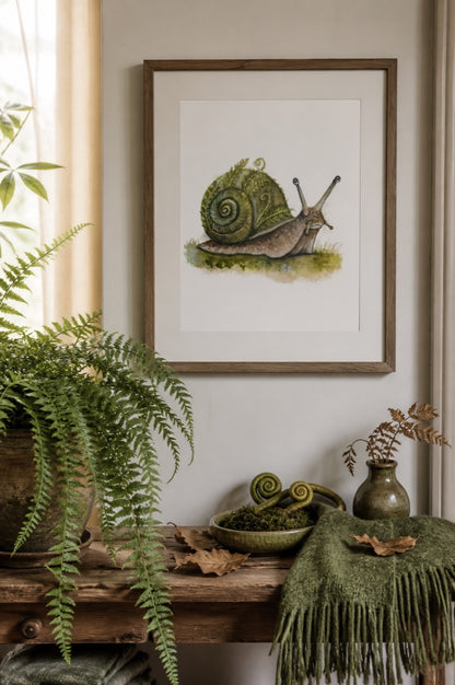 Ferncurl Snail art print framed in a fern-filled woodland-inspired home setting with moss and dried leaves