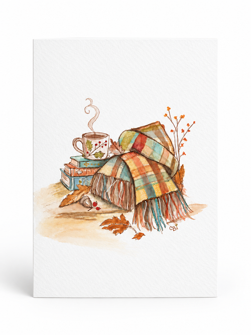 Tea, books, and patchwork blankets greeting card on white paper