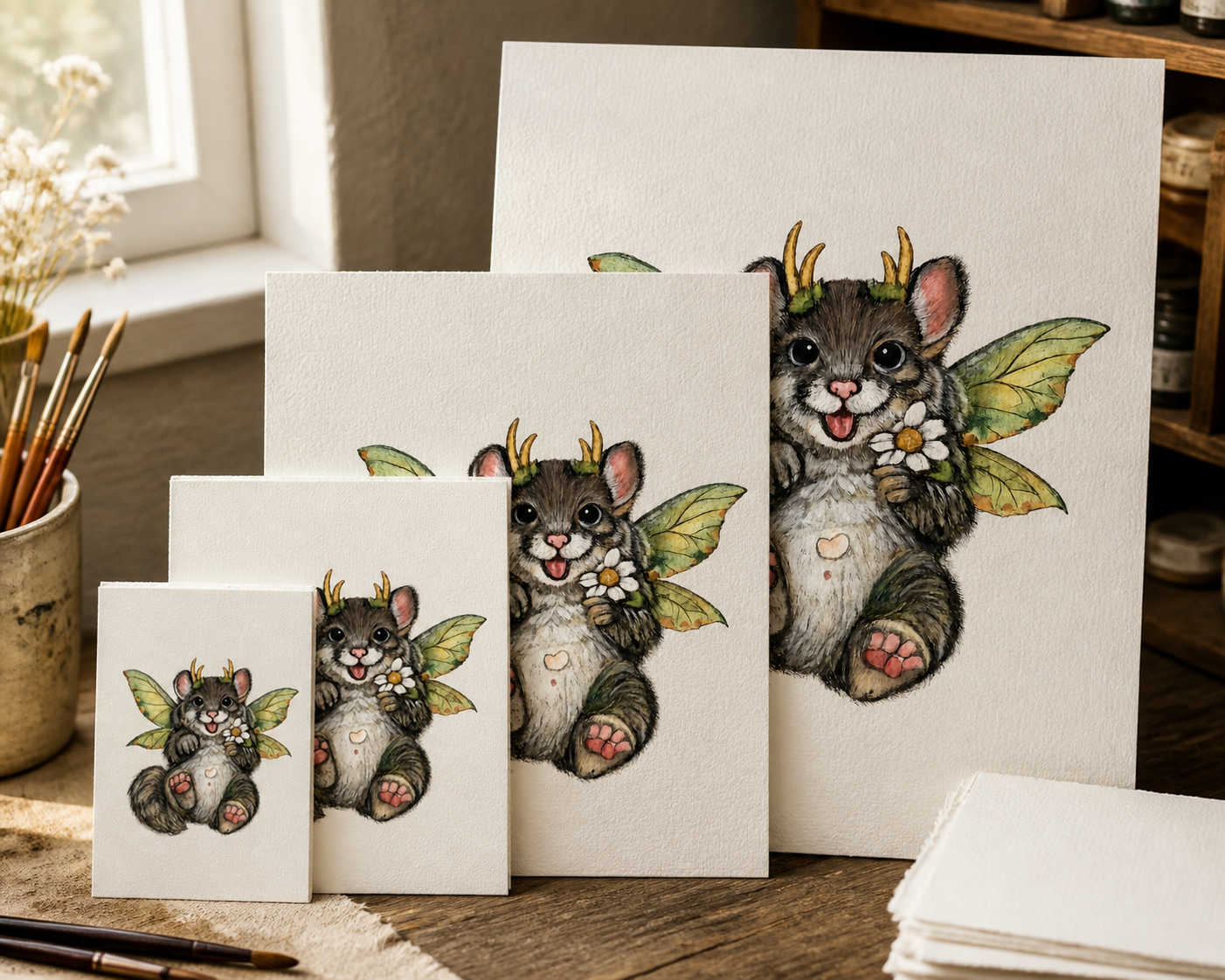 Tenderfoot Mossling watercolor prints shown in four sizes