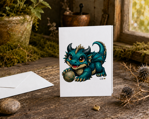 Book-style side-folded Thistlewing greeting card on bright white matte paper beside a separate white envelope, featuring a dark-teal baby forest dragon and the artist’s gold-heart signature.