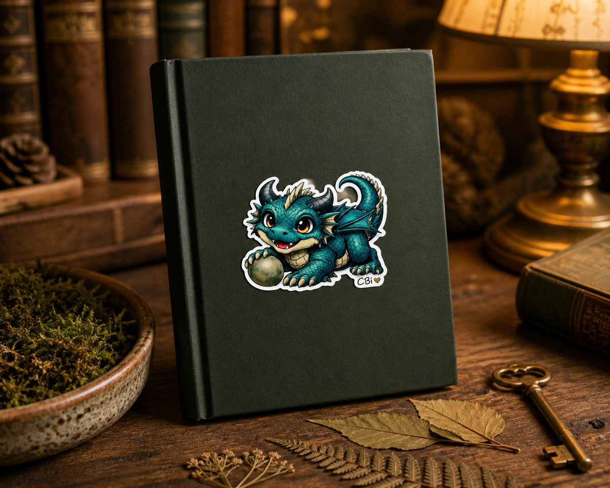 Thistlewing dark-teal Spriggle vinyl sticker on a hard-cover sketchbook beside moss, pressed leaves, and an antique brass key.