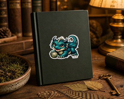 Thistlewing dark-teal Spriggle vinyl sticker on a hard-cover sketchbook beside moss, pressed leaves, and an antique brass key.