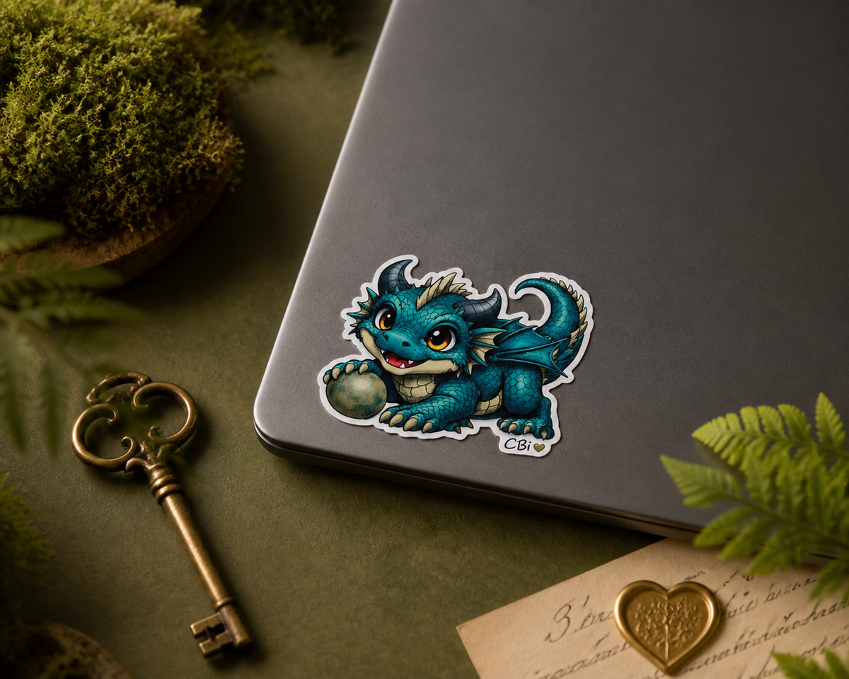 Thistlewing dark-teal Spriggle vinyl sticker on a matte laptop beside an antique brass key, moss, and a gold heart seal.