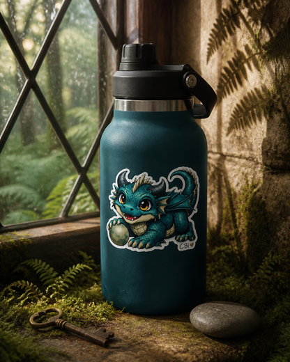 Thistlewing dark-teal Spriggle vinyl sticker on a teal water bottle in a mossy cottage window with an antique brass key and smooth stone.