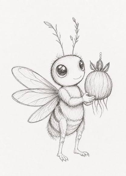 Bzzzlet, a wide-eyed winged garden creature carrying a round root in an original graphite sketch