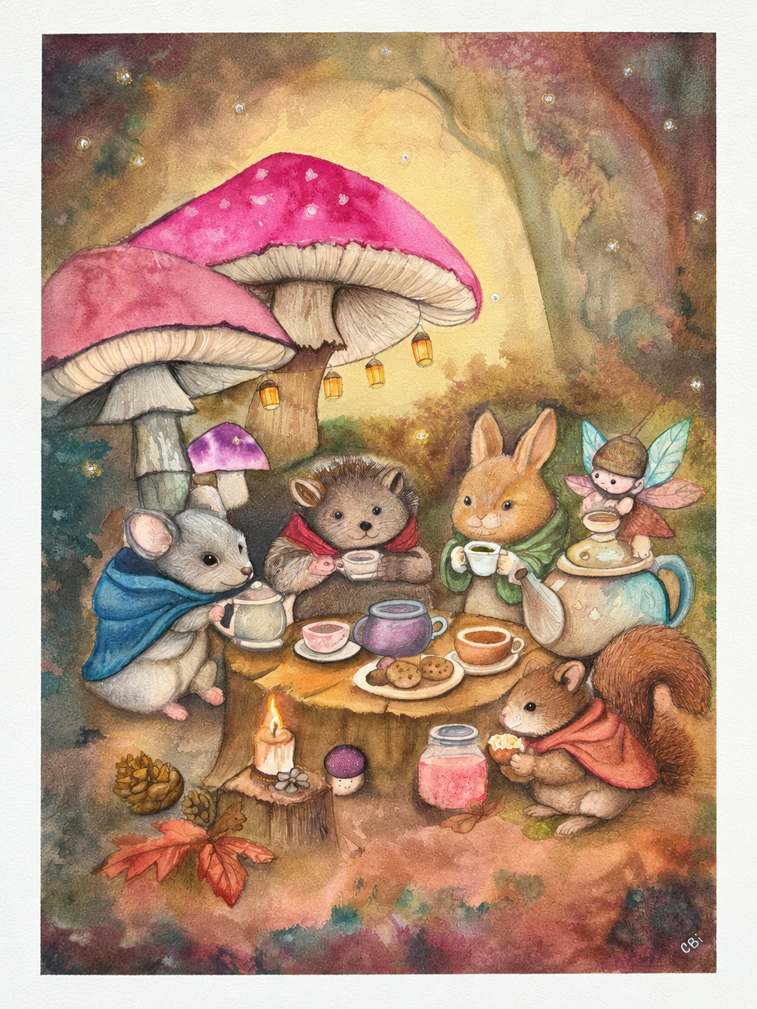 Woodland Tea Party artwork with woodland animals sharing tea beneath pink mushrooms.
