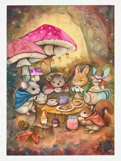 Woodland Tea Party artwork with woodland animals sharing tea beneath pink mushrooms.