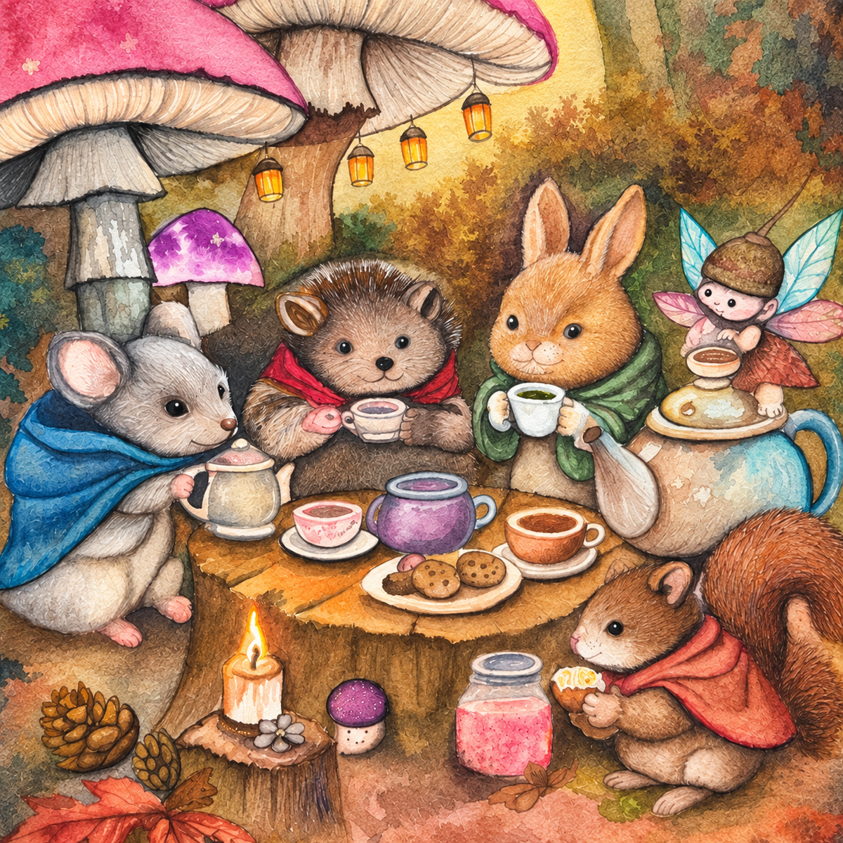 Close-up of Woodland Tea Party, showing the animals, tea cups, cookies and teapot.
