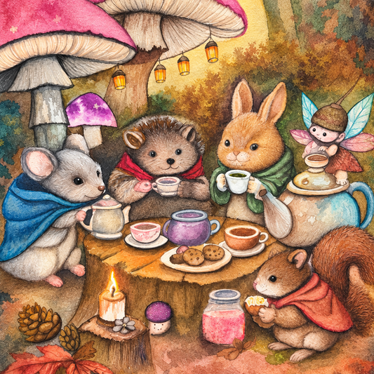 Close-up of Woodland Tea Party, showing the animals, tea cups, cookies and teapot.