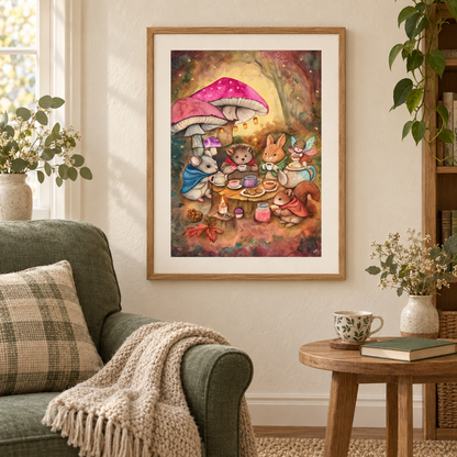 Woodland Tea Party in an oak frame beside a sage armchair in a cozy reading nook.