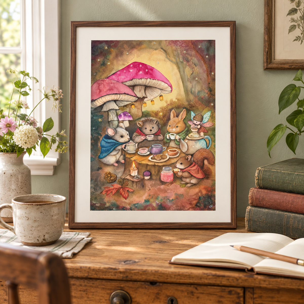 Woodland Tea Party in a walnut frame on a cottage writing desk beside books and a tea cup.