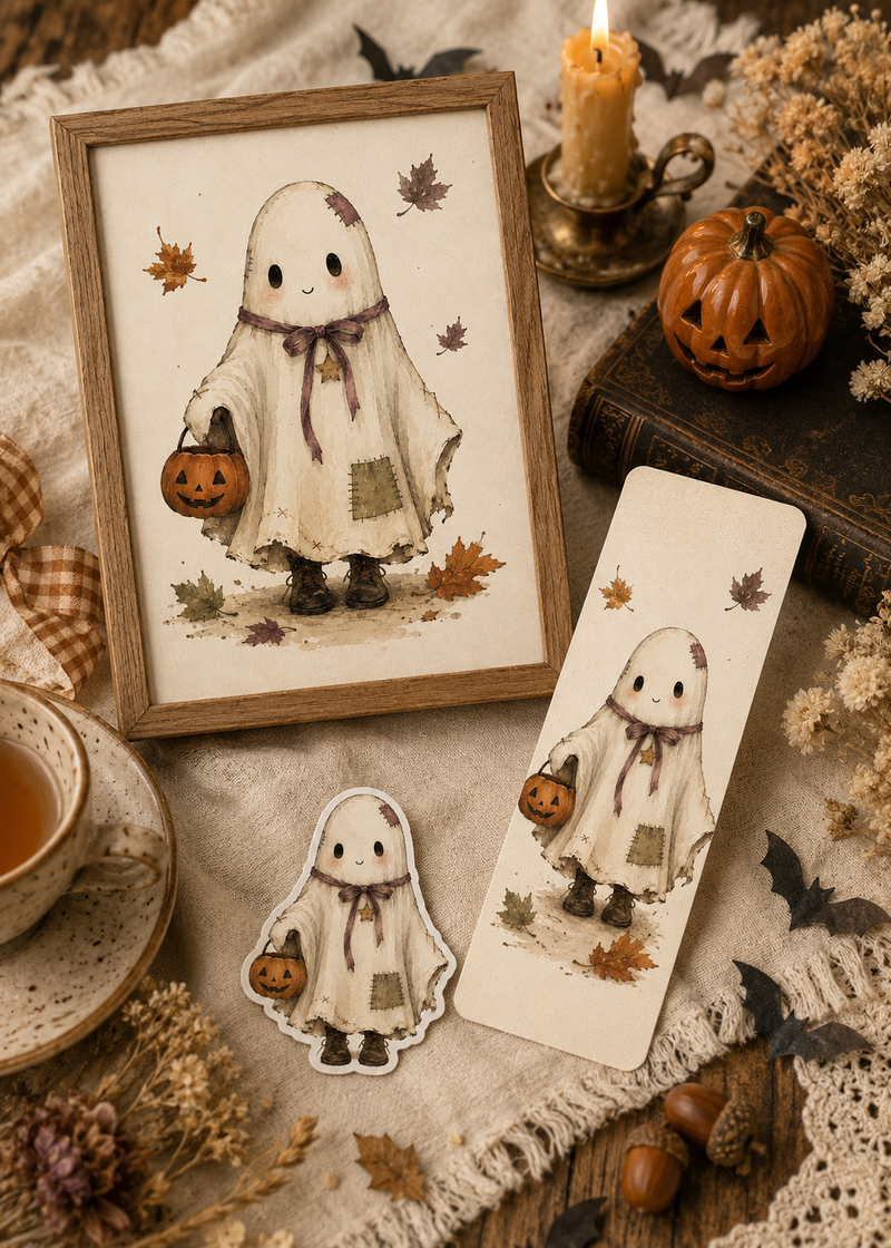Wren's Halloween Cottagecore Bundle complete bundle with the included art print, bookmark, and sticker.