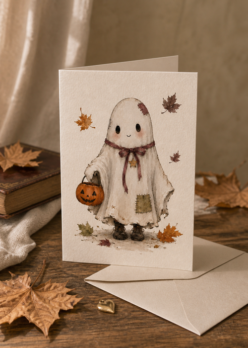 Folded Wren greeting card with envelope on a warm autumn desk, featuring a gentle watercolor ghost in a patched costume with a pumpkin pail.